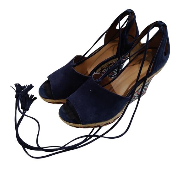 Cabi Women's Sz 8 Isla Navy Orange Espadrille Wedge Suede Sandals Ankle Wrap - Picture 10 of 10